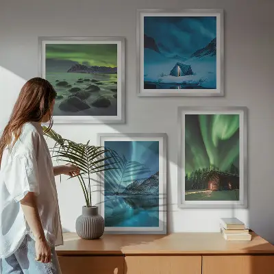 Billedsæt med ramme vinterlandskaber med aurora og bjerge