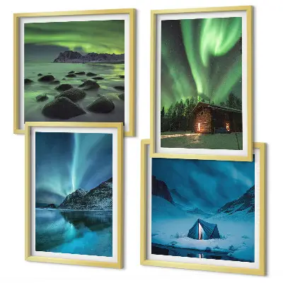 Billedsæt med ramme vinterlandskaber med aurora og bjerge