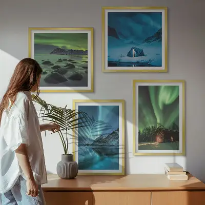 Billedsæt med ramme vinterlandskaber med aurora og bjerge