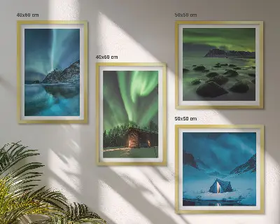 Billedsæt med ramme vinterlandskaber med aurora og bjerge