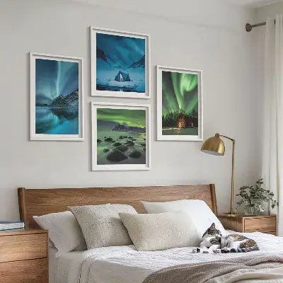 Billedsæt med ramme vinterlandskaber med aurora og bjerge