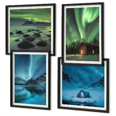 Billedsæt med ramme vinterlandskaber med aurora og bjerge