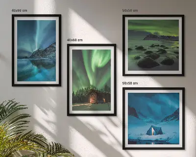 Billedsæt med ramme vinterlandskaber med aurora og bjerge