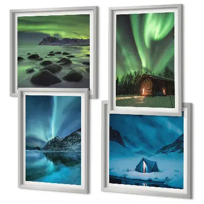Billedsæt med ramme vinterlandskaber med aurora og bjerge