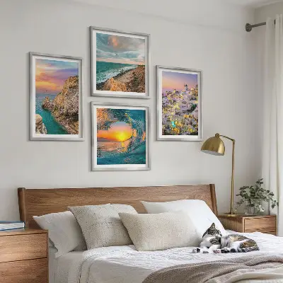 Havbølger hvide huse Santorini billedvæg til ophæng over sofaen