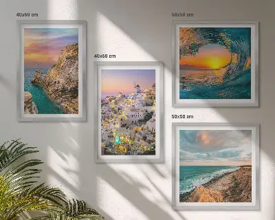 Havbølger hvide huse Santorini billedvæg til ophæng over sofaen
