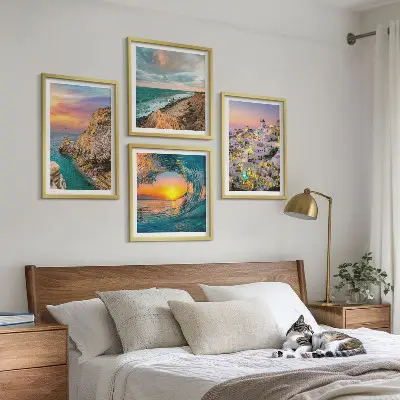Havbølger hvide huse Santorini billedvæg til ophæng over sofaen