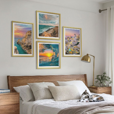 Billedvæg over sofa Havbølger hvide huse Santorini