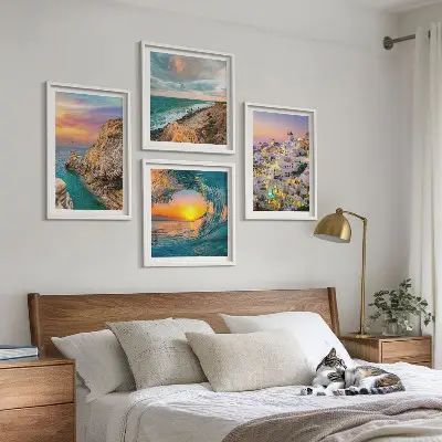 Havbølger hvide huse Santorini billedvæg til ophæng over sofaen