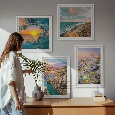 Havbølger hvide huse Santorini billedvæg til ophæng over sofaen