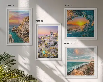 Havbølger hvide huse Santorini billedvæg til ophæng over sofaen