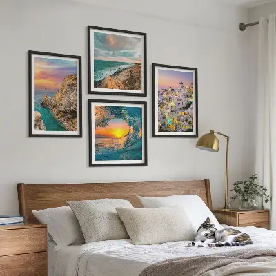 Havbølger hvide huse Santorini billedvæg til ophæng over sofaen