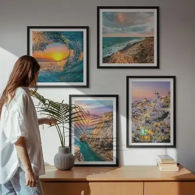 Havbølger hvide huse Santorini billedvæg til ophæng over sofaen