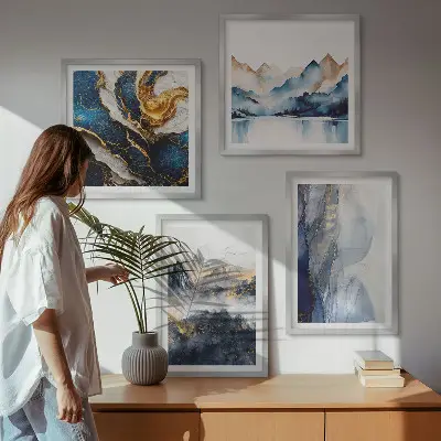 Blå bjerglandskaber billedsæt med ramme