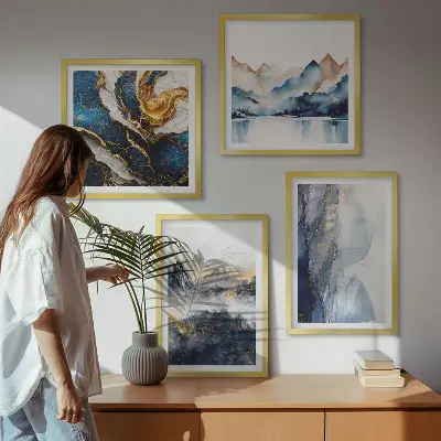 Blå bjerglandskaber billedsæt med ramme