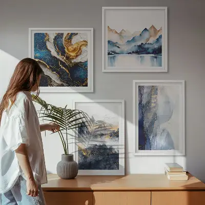 Blå bjerglandskaber billedsæt med ramme