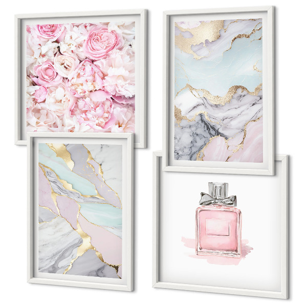 Billedvæg over sofa Lyserøde blomster marmor pastel