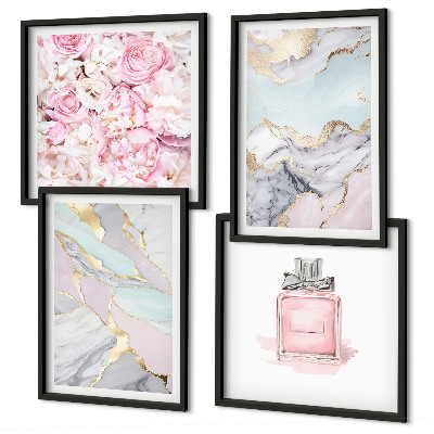 Billedvæg over sofa Lyserøde blomster marmor pastel