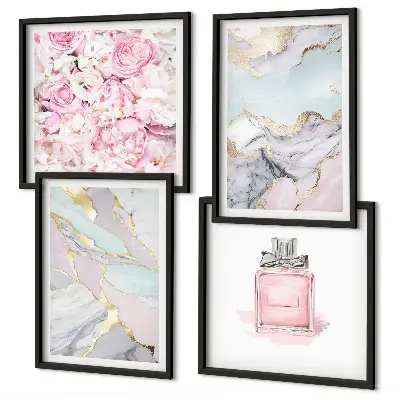 Billedvæg over sofa med lyserøde blomster i pastelmarmor