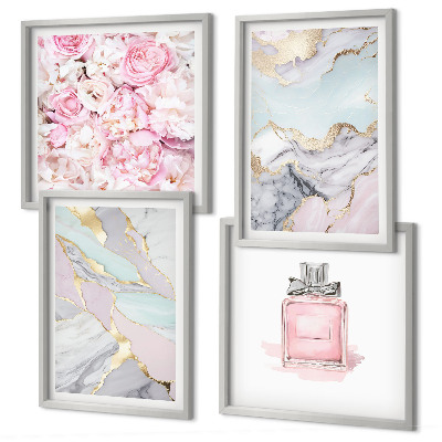Billedvæg over sofa Lyserøde blomster marmor pastel