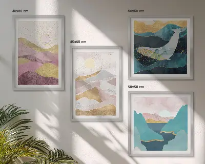 Abstrakte bjerge sol billedsæt med ramme