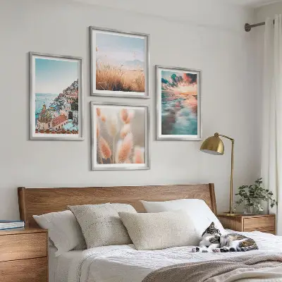 Billedvæg til sofa med havsolnedgang og blomster