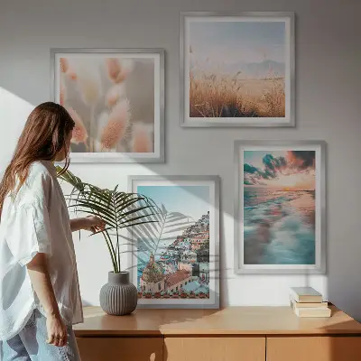 Billedvæg til sofa med havsolnedgang og blomster