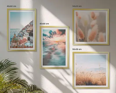 Billedvæg til sofa med havsolnedgang og blomster