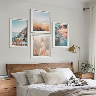 Billedvæg til sofa med havsolnedgang og blomster