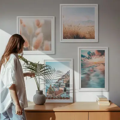 Billedvæg til sofa med havsolnedgang og blomster