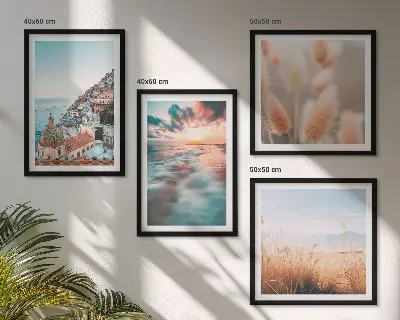 Billedvæg til sofa med havsolnedgang og blomster
