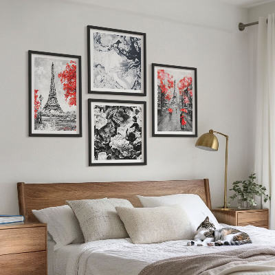 Billedvæg over sofa Eiffeltårnets grå malerier
