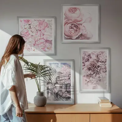 Billedsæt med ramme med romantisk lyserødt blomsterlandskab