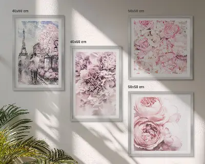 Billedsæt med ramme med romantisk lyserødt blomsterlandskab