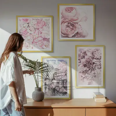 Billedsæt med ramme med romantisk lyserødt blomsterlandskab
