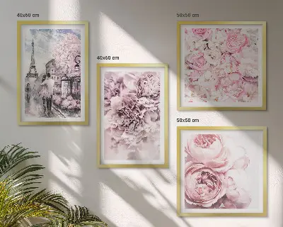 Billedsæt med ramme med romantisk lyserødt blomsterlandskab