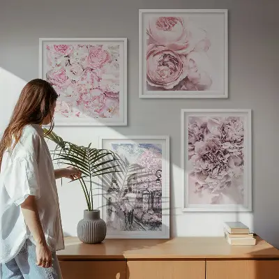 Billedsæt med ramme med romantisk lyserødt blomsterlandskab