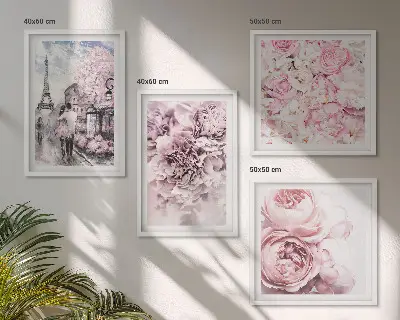 Billedsæt med ramme med romantisk lyserødt blomsterlandskab