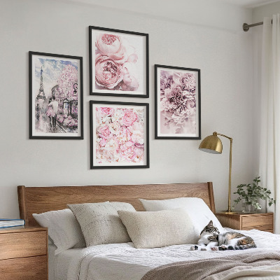 Billedsæt med ramme Blomster lyserød romantisk landskab
