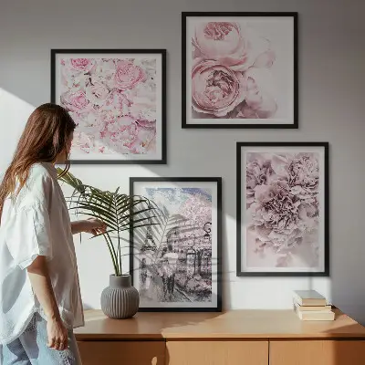 Billedsæt med ramme med romantisk lyserødt blomsterlandskab