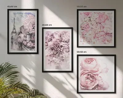 Billedsæt med ramme med romantisk lyserødt blomsterlandskab