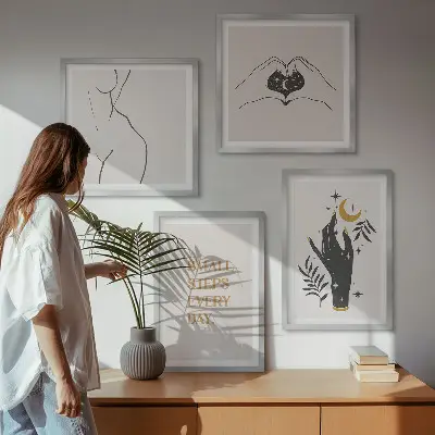 Minimalistiske boho-illustrationer billedvæg til over sofaen