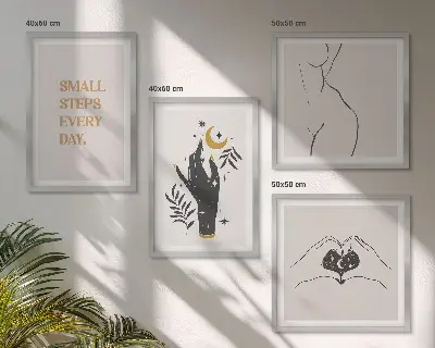 Minimalistiske boho-illustrationer billedvæg til over sofaen