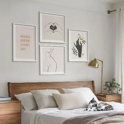 Minimalistiske boho-illustrationer billedvæg til over sofaen