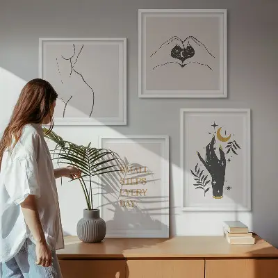 Minimalistiske boho-illustrationer billedvæg til over sofaen