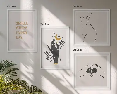 Minimalistiske boho-illustrationer billedvæg til over sofaen