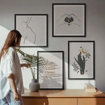 Minimalistiske boho-illustrationer billedvæg til over sofaen