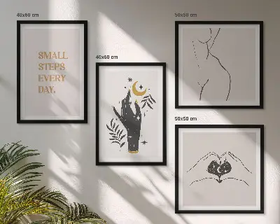 Minimalistiske boho-illustrationer billedvæg til over sofaen