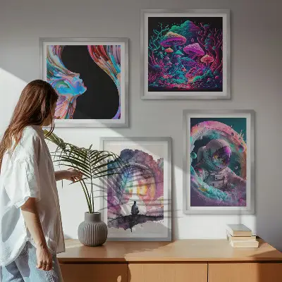 Billedsæt med ramme farverige fantasikunst-illustrationer