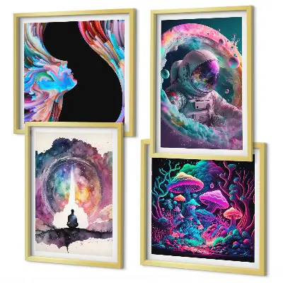 Billedsæt med ramme farverige fantasikunst-illustrationer